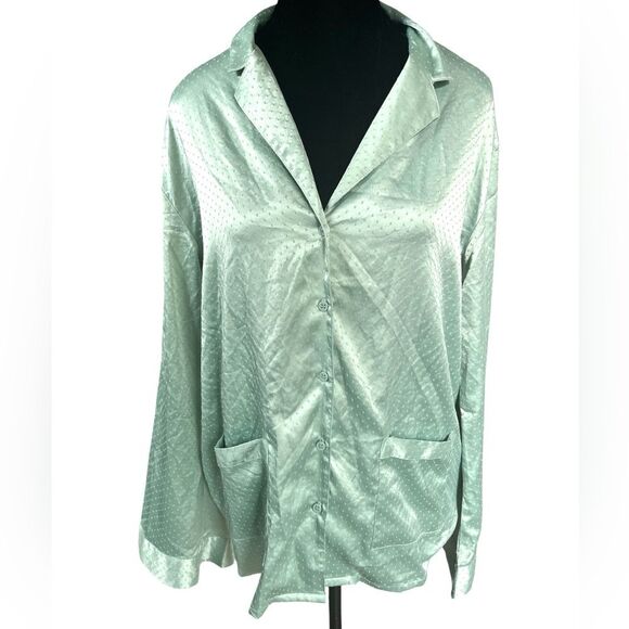 Nordstrom Satin Pajama Set Size M/L Seafoam Green Polka Dot Luxury Loungewear - Picture 1 of 8